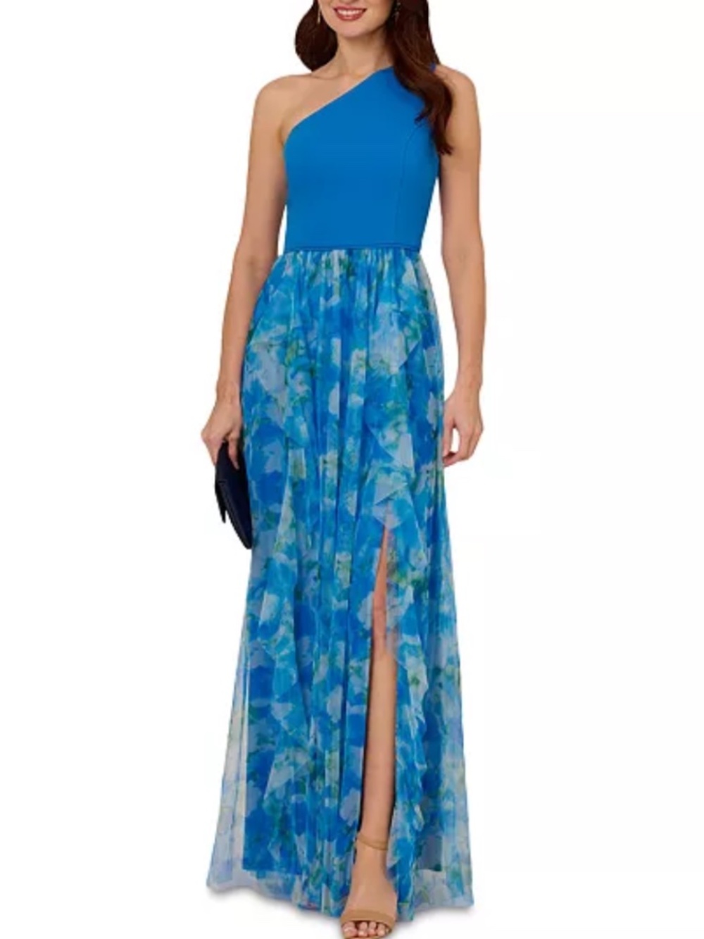 Adrianna Papell Women's Blue Floral Mesh Sweetpea Mixed Media Gown Dress Size 18